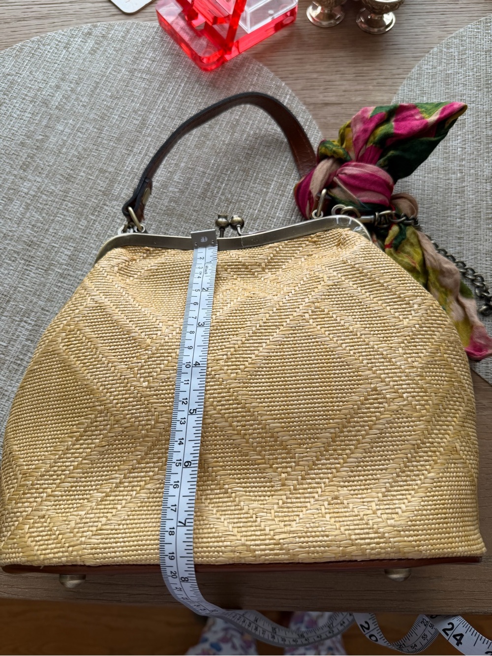 Patricia Nash Woven Straw Kiss Lock Frame Crossbody Bag | Chain Strap | Vintage - Picture 7 of 8